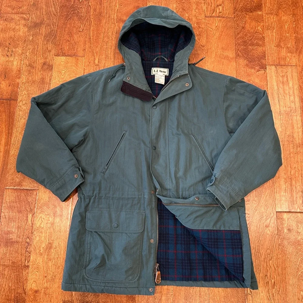 Vintage LL Bean Parka Mens L Green Wool Plaid Lined Hooded Chore Coat Jacket 90s